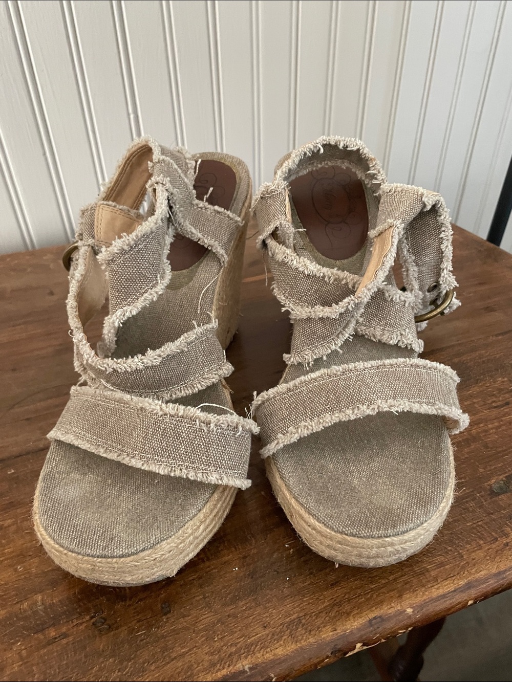 Mally Beauty Frayed Canvas Espadrille Wedges in Beige Taupe